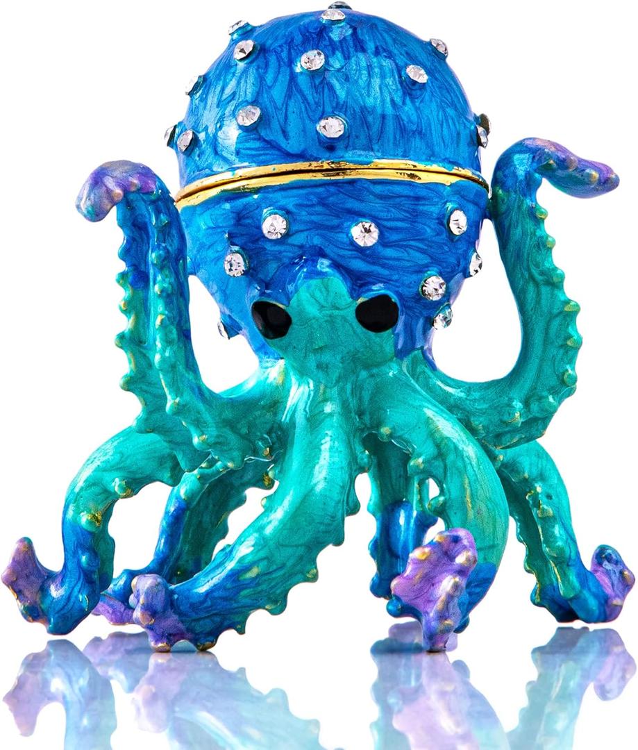 YU FENG 2.5'' Hand-painted Enamel Octopus Jewelry Trinket Box Hinged Jewelry Organizer with Crystals Ring Earring Storage Box Blue Sea Animal Figurine Keepsake Collectible