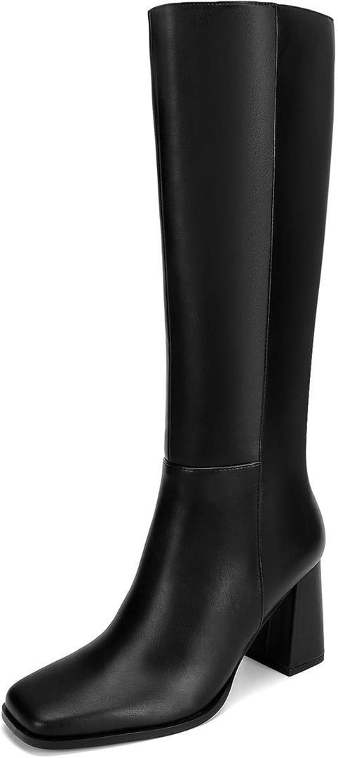 Knee High Boots for Women Faux Leather Square Toe Chunky Block Boots Long Tall Boots with Side Zip (8, Black)