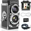 CHUZHAO Digital Camera Retro Portable Mini Vintage Camera Digital TLR Vintage Old Style Camera with 12MP Photos 1080P FHD Video Auto Focus - Black