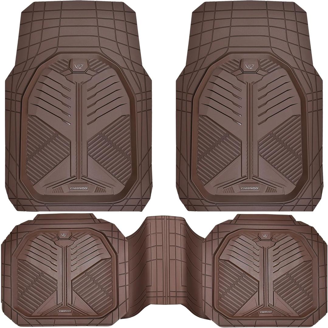 CAR PASS Heavy Duty Car Floor Mats, All Weather Car Mats Full Set, Universal Automotive Mats 3 Pieces Trim to Fit for Sedans SUVs Trucks, Deep Dish Waterproof Anti-Slip Rubber Floor Mats 3pcs, Brown