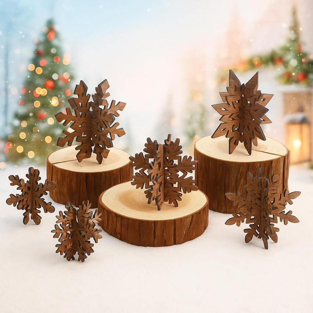 Bucherry 12 Pcs Winter Wooden Snowflake Table Decor 3D Snowflake Tabletop Centerpieces Winter Wonderland Table Signs for Christmas Holiday Farmhouse Home Supplies (Natural Brown)