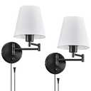 VONLUCE Wall Sconce Set of 2, Plug in & Hardwired Swing Arm Wall Lamps, Adjustable Wall Mounted Lighting Fixtures, Modern Wall Lights with Black Base White Fabric Shade for Bedside, Hallway, Study