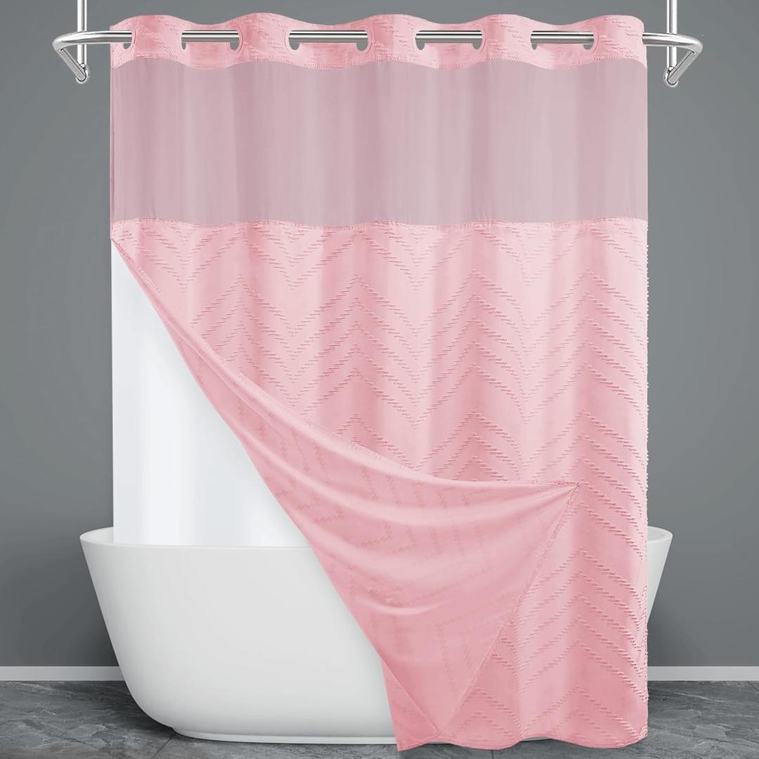 WONICY No Hook Shower Curtain with Snap in Liner, Tufted Chevron Striped Shower Curtain Set for Bathroom, Boho Waterproof and Washable Shower Curtains, 71Wx74H, Pink