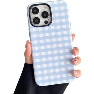 Compatible with iPhone 16 Pro Max Case, Cute Simple Checkered Phone Case for Women, Shockproof Slim Soft TPU and Hard PC Protective Cover Compatible with iPhone 16 Pro Max 6.9", Blue