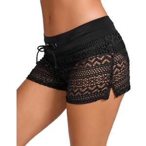 Lace Swim Shorts Drawstring Bathing Suit Shorts Board Shorts Bottoms Hollow Swimsuit Boy Shorts Small, Black 