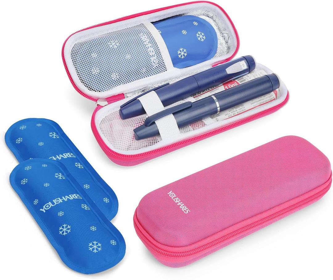 YOUSHARES Insulin Cooler Travel Case, GLP-1 Diabetic Medicine Cooling Bag for Zepbound for Mounjaro Pen, Refrigerated Diabetes Supplies Organizer with 2 TSA Approved Ice Pack (01_Bright Pink)