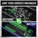 Magnetic Socket Organizer Holder Tool: 8PCS Set includes 2PCS 1/4", 4PCS 3/8", 2PCS 1/2" Drive Socket Storage Trays Toolboxs, Holding 199 Slots Soft Rubber Covering Black Green (sockets not included)