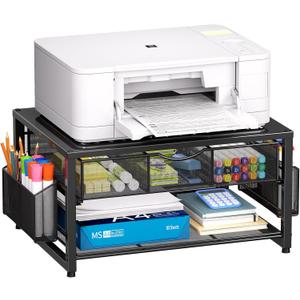 Marbrasse Metal Printer Stand for Desk with Storage Drawer and 2 Pen Holders, 2-Tier Desktop Organizer Printer Table for Home Office, Multi-Purpose Desk Organizer for Fax Machine Scanner Files(Black)