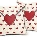 Valentines Day Pillow Covers 18x18 Inch Set of 2 Red Heart Beige Envelope Cotton Linen Decorative Throw Pillow Case Holiday Print Cushion Covers for Bedroom Sofa Living Room Chair Home Decor