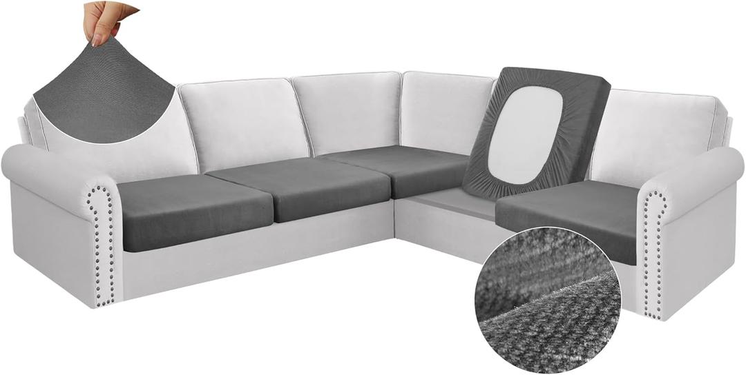 Arfntevss Velvet Sectional Couch Covers L Shape 5 Seat Couch Cushion Covers Fitted Stretch U Shaped Sofa Cushion Covers Thick Washable Corner Furniture Protector (5-Piece Seat Covers, Light Gray)