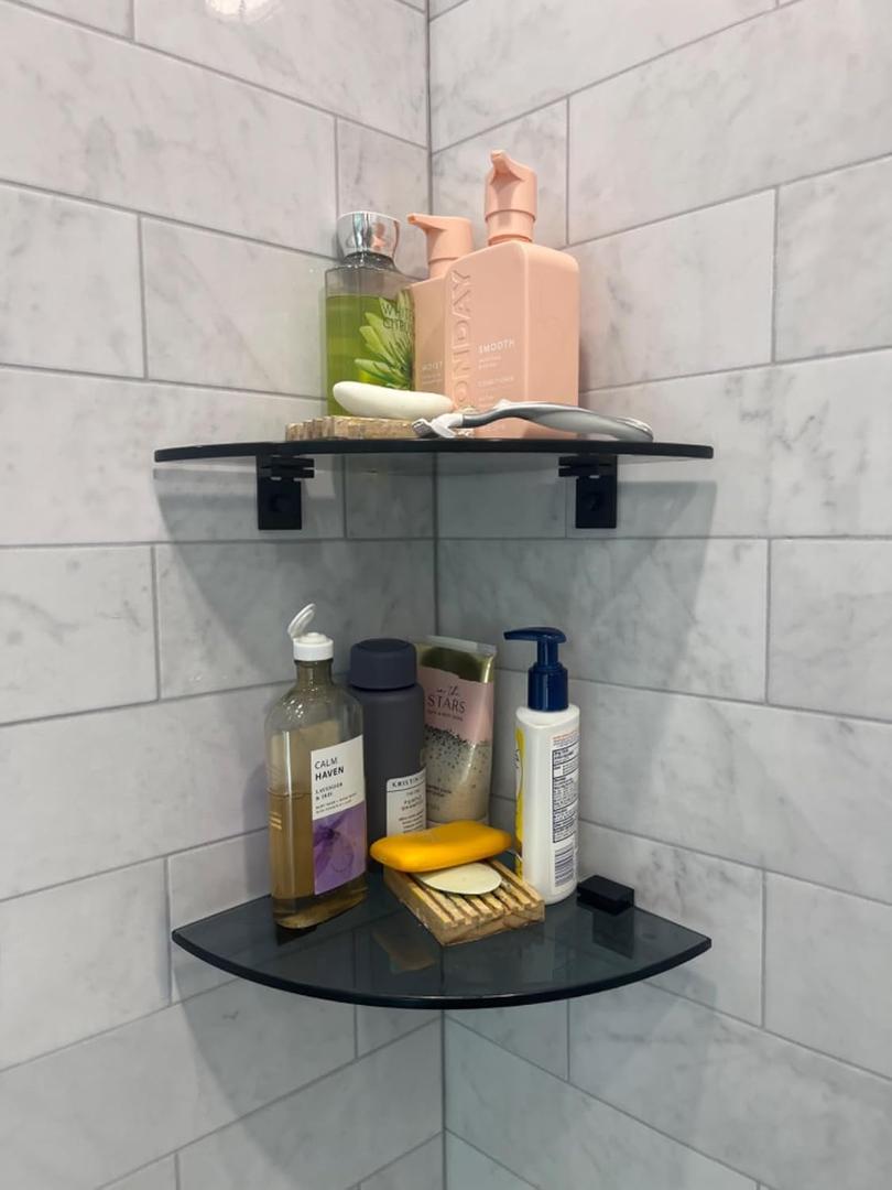 Bakzon 2-Pack Glass Shelf Shower Caddie, Shower Shelves for Inside Shower, Drilling Free Adhesive Wall Mounted Bathroom Organizer Shelves with Aluminium Brackets, Black