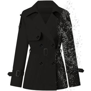 Betusline Women's Double Breasted Short Trench Coat Water-Resistant with Belt, Large (Black)