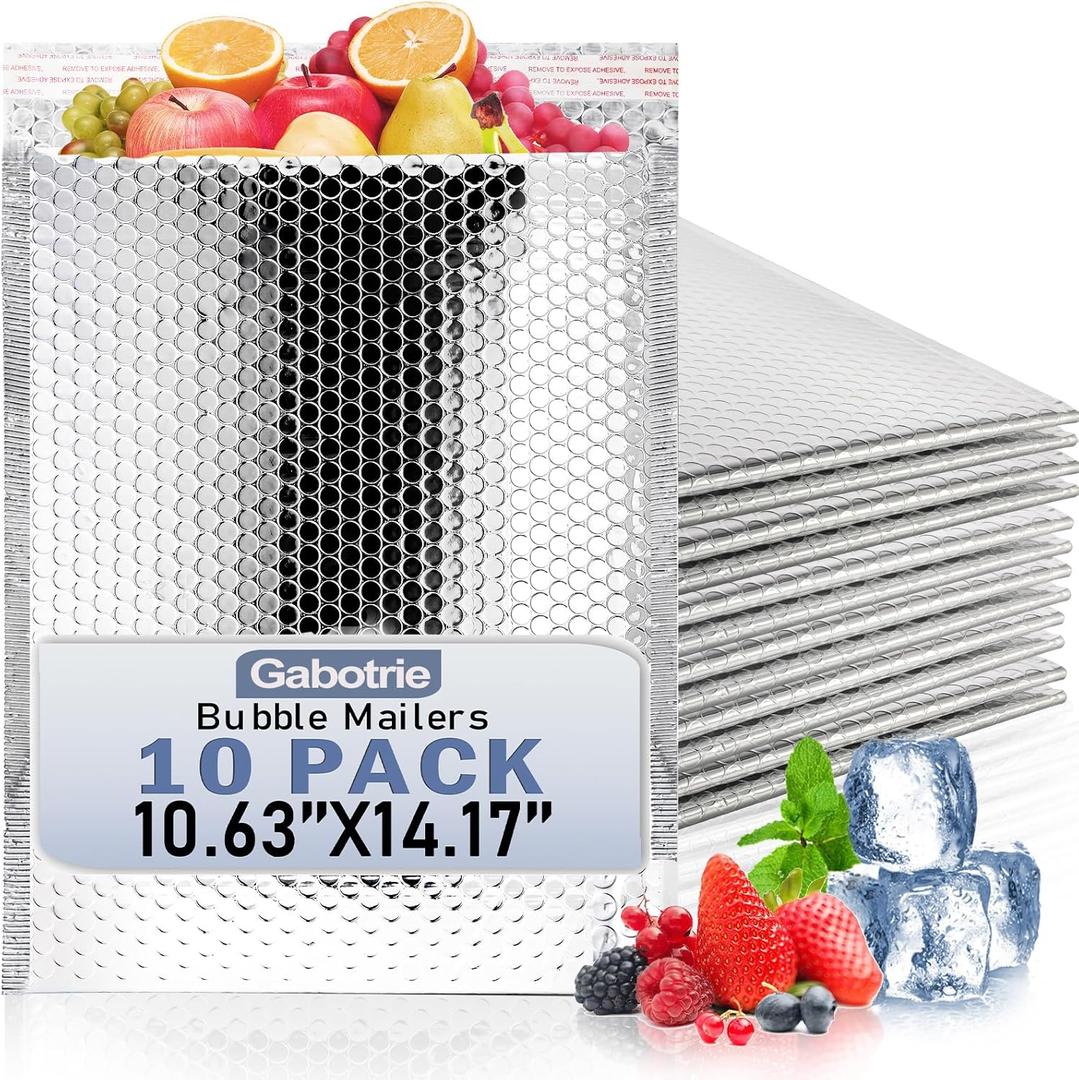 10-Pack Thermal Insulated Bubble Mailer, Waterproof Metallic Bubble Mailers, Cold Shipping Envelopes for Food, Interior Size10.6 x 14.1 Inch, Self-Seal Foil Shipping Envelopes for Cold Shipping