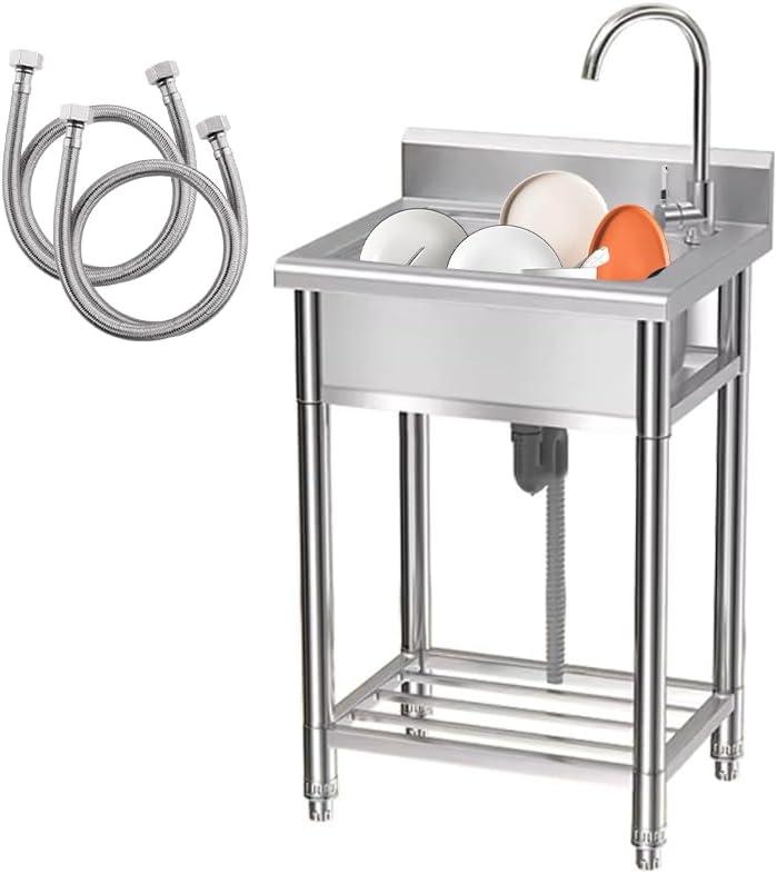 Stainless Steel Kitchen Sink, Free Standing Single Bowl Sink,Commercial Utility Sink with Faucet and Storage Shelve for Laundry Room, Kitchen, Garage, Bathroom, 23" Sink