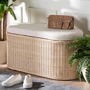 Bali & pari Barid Braided Natural Rattan Storage Bench with Cushioned Lift-Top Lid – Coastal Boho Style Chest for Bedroom, Entryway, or Living Room Organization, Natural, 39" Oval, 39-inch Wide, Seat Height of 19"