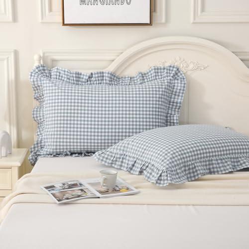 Silnuo Light Blue/White Plaid Ruffle Pillow Shams King Size Set of 2,Washed Cotton Shabby Checkered Gingham Pillowcases Pillow Covers