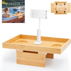 Beeveer Bamboo Adjustable Hot Tub Tray Table with Phone Holder, Adjustable Width 2'' to 7'', Nonslip Cup Shelf, Perfect Relaxing Gifts for Spa/Pool/Hot Tub for Adults