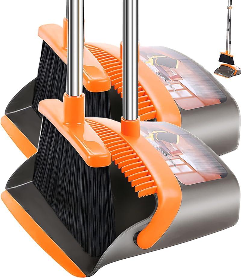 2-Pack is More economical, Upgraded Broom and Dustpan, with 52" Long Handle, Dustpan Teeth with self-Cleaning Function, Indoor and Outdoor Sweeping, Perfect for Home Office (Large Size/Orange /2-Pack)