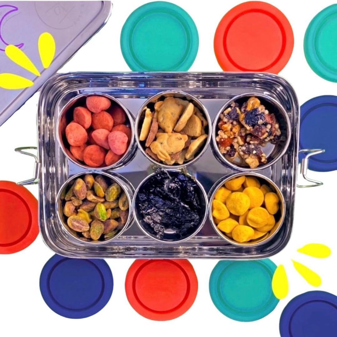 Stainless Steel Reusable Snack Bento Box: 6 50mL containers included | Plastic Free | Dishwasher Safe | No Spill, Leakproof | Perfect Toddler Lunch Box for School, Airplane, On-the-go