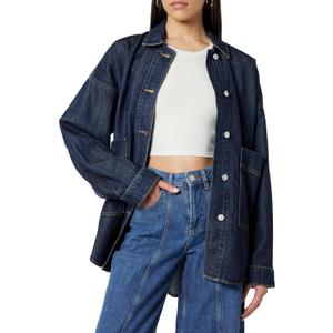 The Drop Women's Pilar Long Denim Shirt Jacket (Medium, Dark Indigo)
