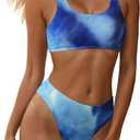 YIMISAN Women's Ribbed Two Piece Bikini Sets Wide Shoulder Strap Top Swimsuit with Mid Waist Cheeky Bathing Suit (Medium, Blue Tie Dye)