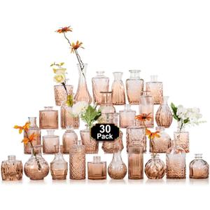 Arme Glass Bud Vase Set,30Pcs Small Glass Vase for Flowers, Clear Bud Vase in BulkMini Single Vintage Vase for CenterpieceVases Bulk for Rustic Wedding DecorHome Table Flower Dcor(Amber)