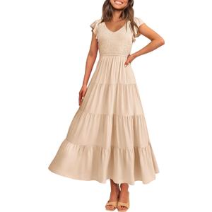 PRETTYGARDEN Women's Summer Flowy Maxi Dress Casual Cap Sleeve V Neck Smocked Beach Sundress (Solid Beige, Small)