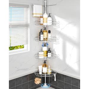 ALLZONE Corner Shower Caddy Tension Pole, 4-Tier Adjustable Shelves, Rustproof Bathroom Shower Organizer Corner for Inside Shower Storage, Tension Mounted, 56 to 113 Inch Height, Sliver (Silver)