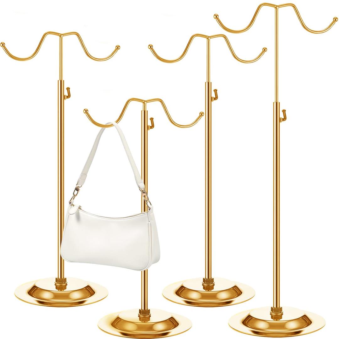 LOSYHU 4 Pcs Purse Display Stand Adjustable Height Handbag Display Stand Metal Handbag Stand Holder Double Hook Purse Holder Stand for Home Store Boutique Counter, Gold