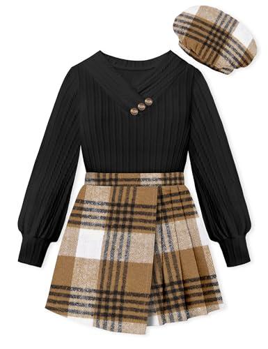 Girls Clothes Skirt Sets Clothes for Girls 12-14 Crossover V-neck Jacquard Puff Sleeve Black Shirts Top + Brown Plaid Mini Skirt Shorts Beret 2 Pieces Fall Winter Warm Outfits for Teens