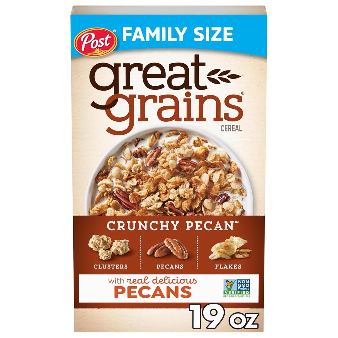 Great Grains Crunchy Pecans Breakfast Cereal for Adults, Crispy Flakes and Granola Clusters, Non-GMO, Heart Healthy, Made with Whole Grain, 19 oz Box (EXP 12/12/26)