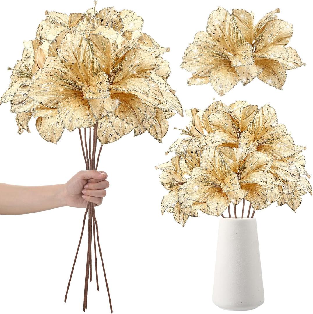 Hotop 6 Pcs Glitter Poinsettia Flowers 3 Large Heads Artificial Clivia Floral Picks 24 Inch Long Stem Artificial Christmas Flowers for Xmas Vase Table Centerpiece Wedding(Champagne Gold)
