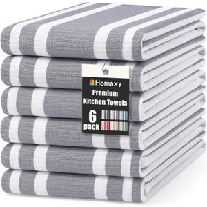 Homaxy Premium Kitchen Towels 18x 28, Large Cotton 380 GSM Kitchen Hand Towels, Stripe and Terry Dish Towel, Highly Absorbent Tea Towel Set with Hanging Loop, 6 Pack, Grey