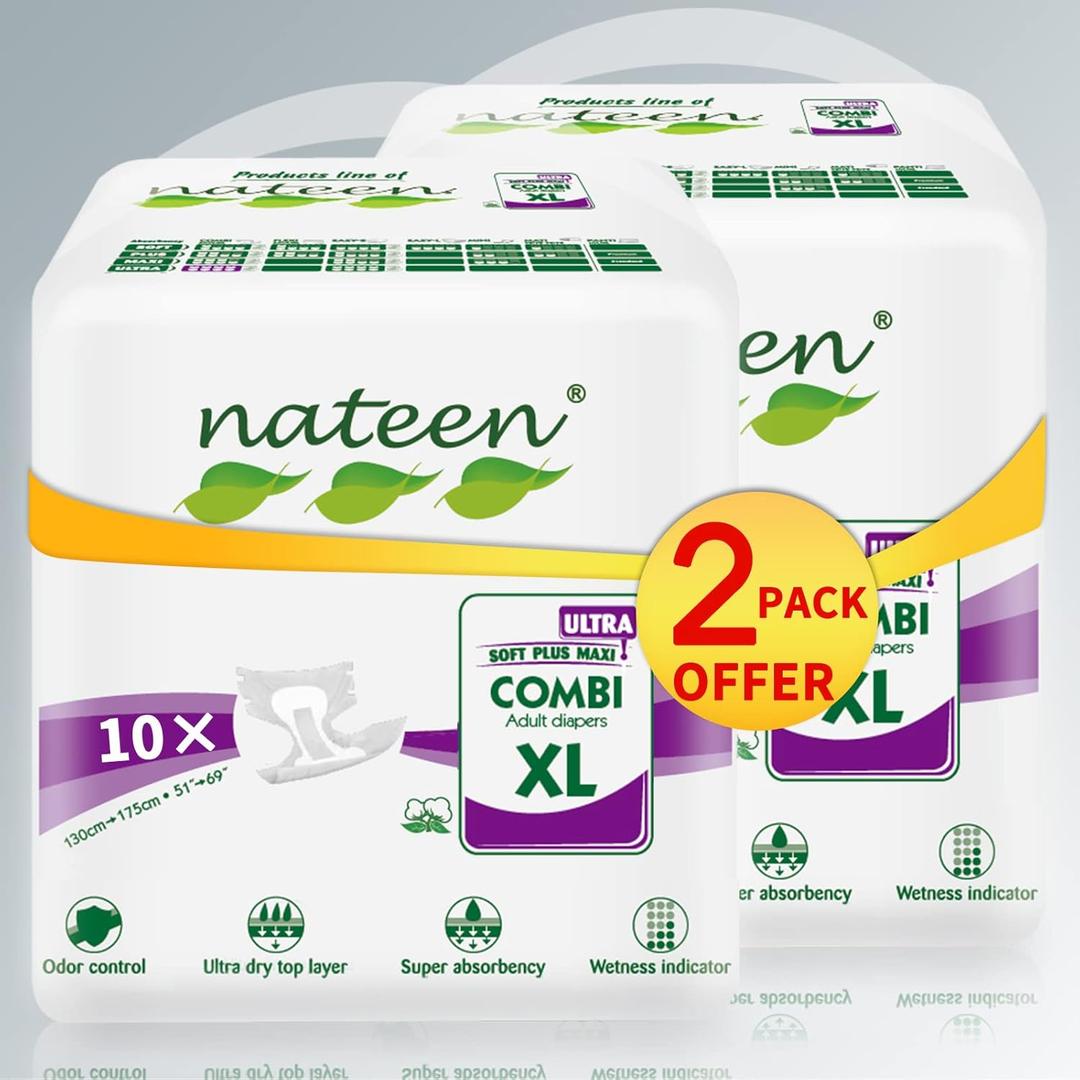 Nateen Super Ultra Incontinence Adult Diaper,X-Large,Waist Size 130-175cm,20 Count Adult Diapers,Disposable Underwear for Men&Women,Briefs with Maximum Absorbency,Leak Protection-4300ml Absorbency.