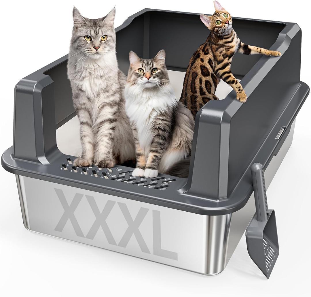 Extra Large XXL Stainless Steel Cat Litter Box with Lid, 26" L x 18" W x 12" H Metal Litter Box with Hight Sides for Big Cats & Multiple Cats, Never Absorbs Odors, Anti-Urine Leakage, Easy Cleaning (Dark Gray)
