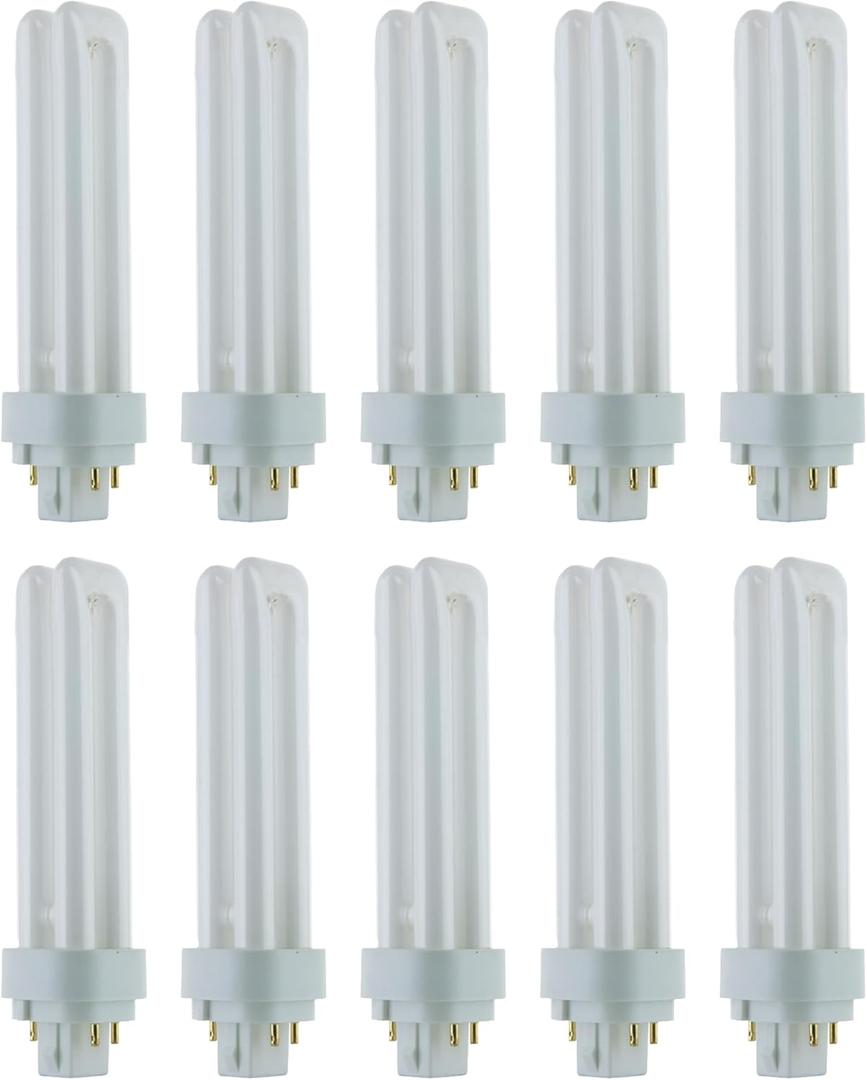 Sunlite Compact Fluorescent PLD 4-Pin Double U-Shaped Twin Tube, 18 Watts, 120 Volts, 1080 Lumens, 5000K Daylight, 4-Pin G24q2 Base, 10 Pack
