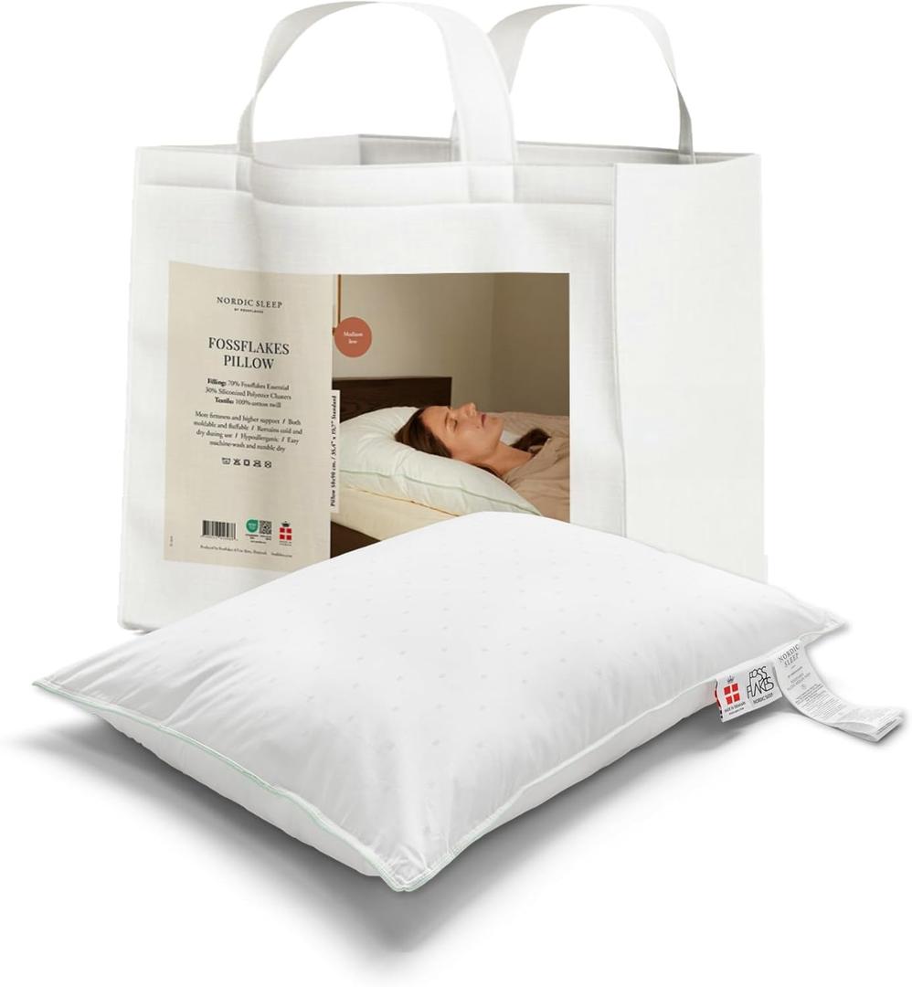 FOSSFLAKES Nordic Sleep, Bed Pillow Hypoallergenic Supportive with Down Alternate, Breathable and Machine Washable, Ideal for Side Sleepers (White Medium Low, King (U.S. Standard))