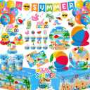 Beach Party Supplies Serve 24, Summer Beach Party Decorations Include Hello Summer Party Plates, Napkins,Cups,Tablecloth,Banner,Balloons and Cake Toppers for Hawaiian Pool Birthday Baby Shower Decor