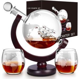 Whiskey Decanter Sets for Men, Whiskey Decanter Globe Set with 2 Etched Globe Whisky Glasses, Bourbon, Cocktails, Scotch decanter Sets - 850ml