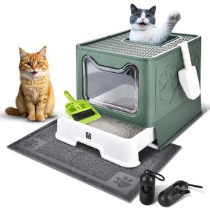 Cat Litter Box with Litter Mat, Foldable Extra Large Free in and Out/One-Way with Lid, Drawer Type Enclosed Kitty Litter Box,Odor Control Anti-Splashing Easy Cleaning (Green)