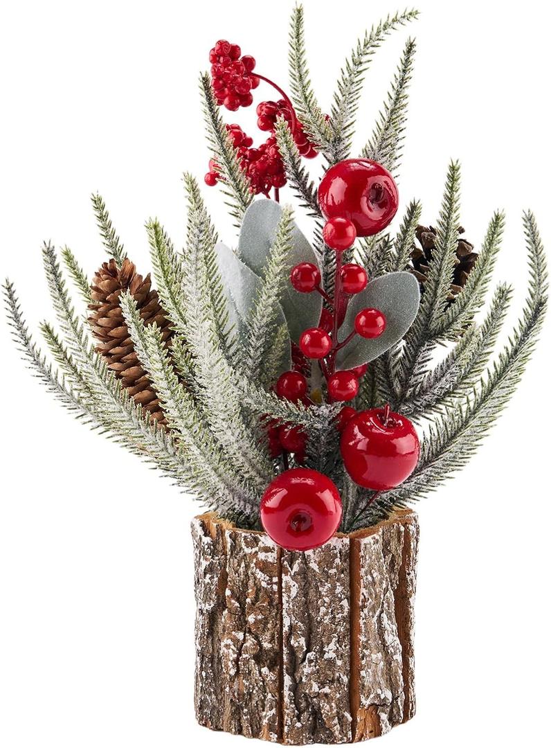 13.8" Small Christmas Tree Tabletop Christmas Centerpieces with Xmas Ornaments Pinecone Berry for Table Desk Christmas Decorations Winter Holiday Decor Indoor