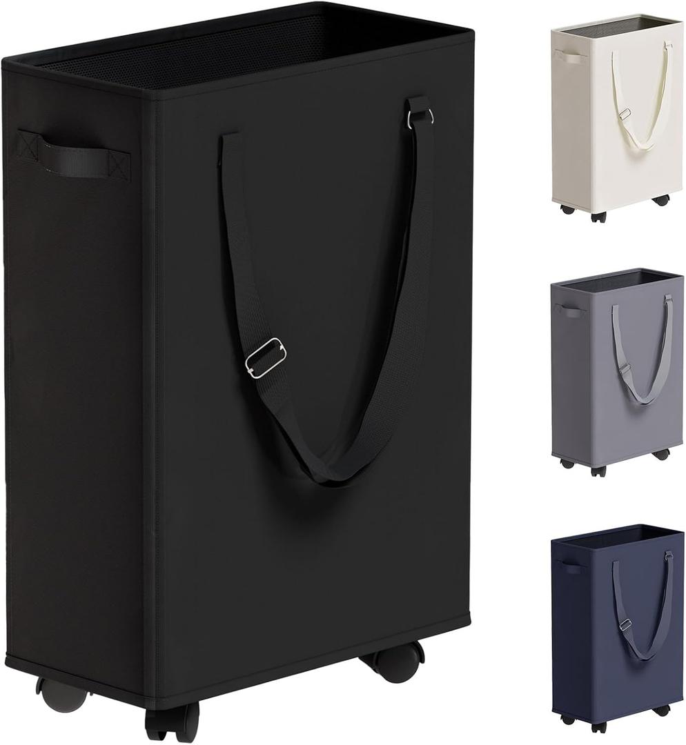 Slim Rolling Laundry Basket, Slim Laundry Hamper with Wheels and Adjustable Long Handles, 45L Small Laundry Baskets with Mesh Top for Bedroom, Closet, and Bathroom - Black