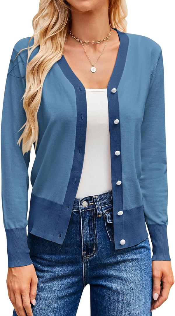 GRACE KARIN Womens Cardigan Sweaters Lightweight Long Sleeve Cropped Cardigan Fall Fashion Outfits Clothes Striped Shrug (Blue, XL)