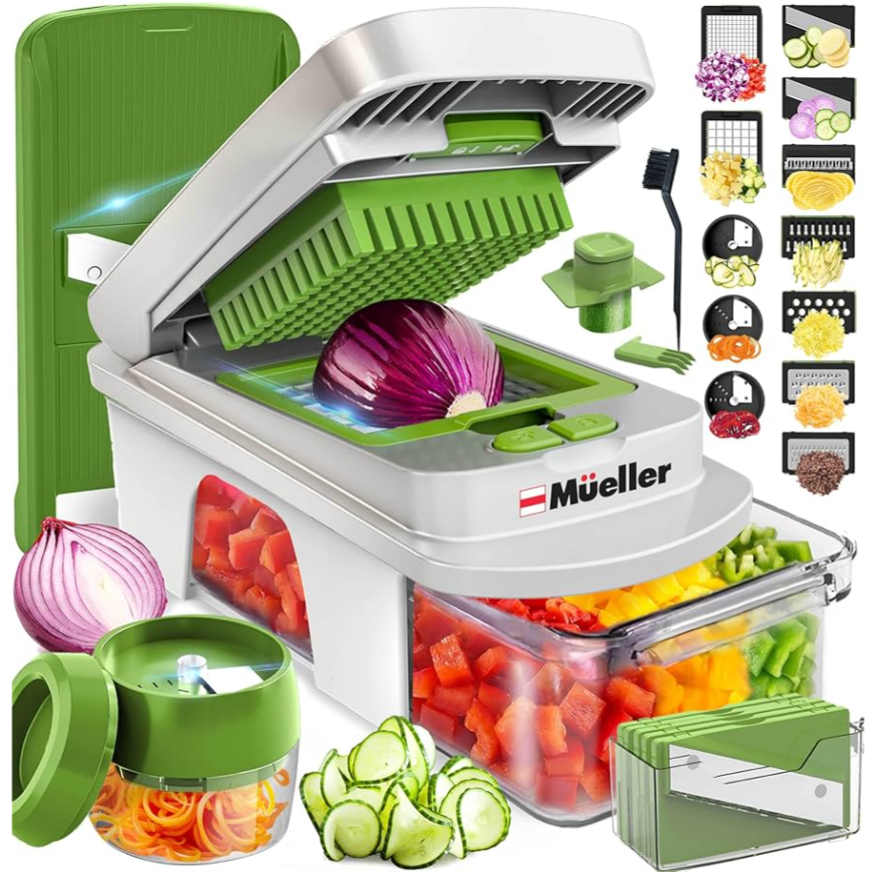 Mueller Pro-Series 10-in-1, 8 Blade Stainless Steel Multi Vegetable Chopper And Mandoline Slicer, Kitchen Accessories and Essentials, Food and Veggie Chopper, Mincer, Dicer, White Sand/Pastel Green
