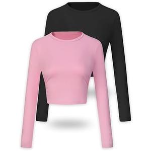 ANYOCEAN Women's 2-Pack Long Sleeve Crew Neck Ruched T-Shirt,Slim Fit Comfort Knit Crop Top,Athletic & Casual Ladies Blouses (25A027 2P Black Rose Pink M)