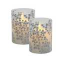 LumaBase Battery Operated LED Glass Candles with Flickering Flame, Silver Fern - Set of 2