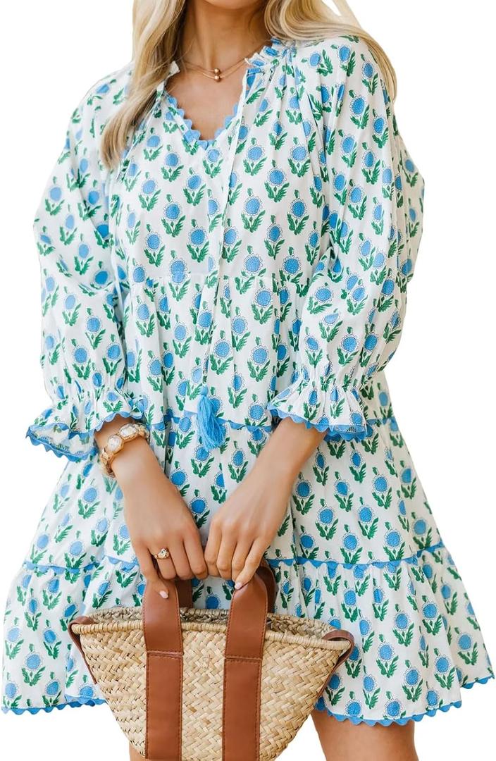 Women's Boho Floral Mini Dress Printed Tiered Ruffle Long Sleeve V Neck Summer Dress (White, M)