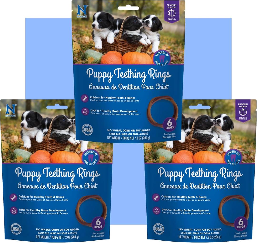 N-Bone Puppy Teething Rings Pumpkin Flavor 6 Count Bag Multi Pack, Total 3 Bags, 21.6-oz (18 Rings) (EXP 12/08/27)