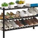 FILWH Bamboo Shoe Rack Stackable Shoe Shelf Storage Organizer for Unit Entryway Hallway and Closet Sturdy Freestanding Shoe Shelf(3L Tier Black) (3L-Tier/33.3*11*18.3IN)