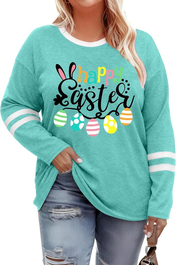 Plus Size Easter Shirts for Women Cute Bunny Rabbit Graphic Shirt Happy Easter Long Sleeve Tees Tops (Green, XXXL)